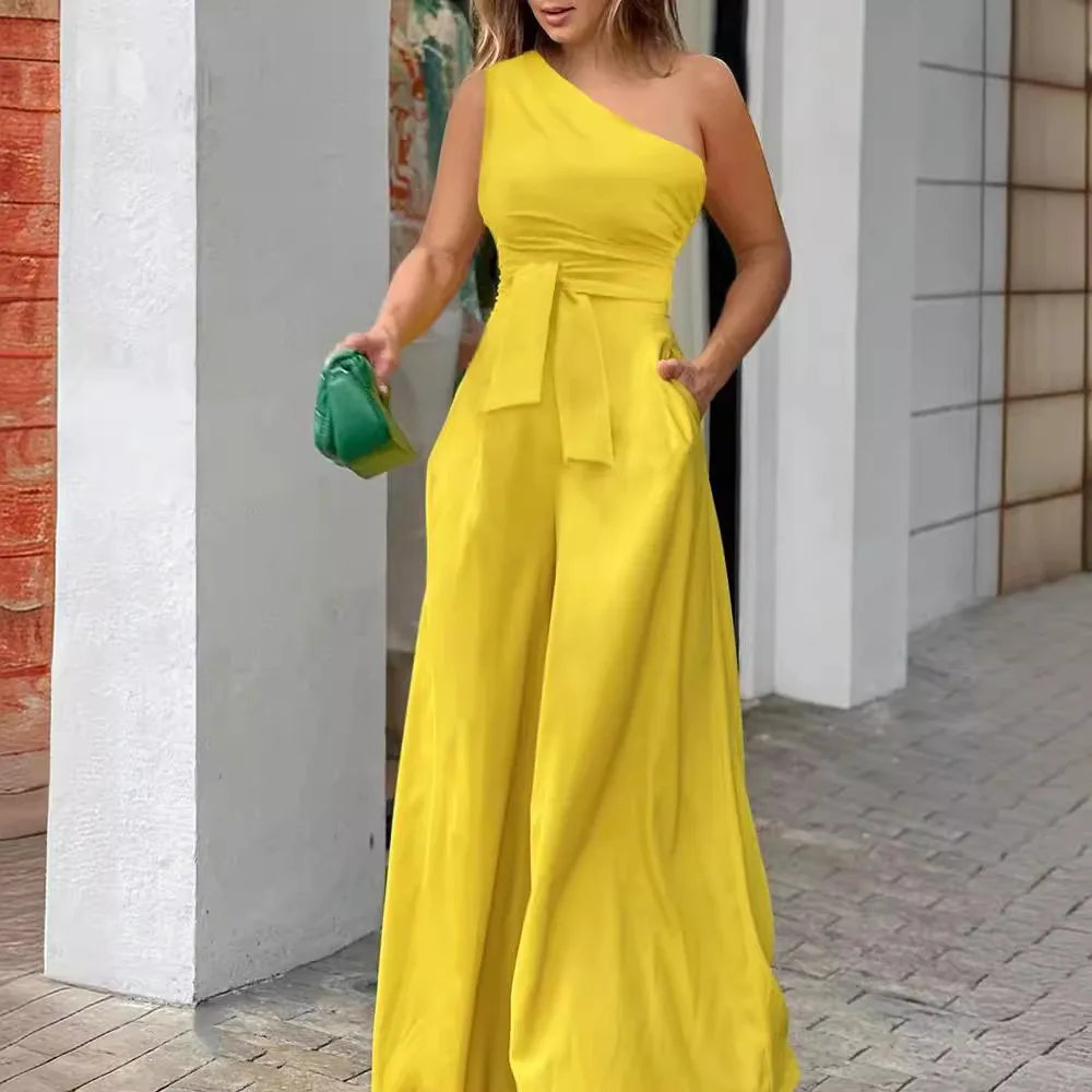Off-The-Shoulder Casual High Waisted Extremely Wide Leg Casual or Dressy Jumpsuit Comes in 4 Colors