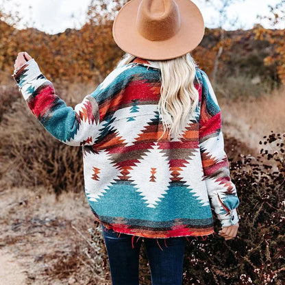 Vintage Loose Denim Jacket, Aztec Retro Ethnic Style, Long Sleeved, Shirt Collar, Sizes to XXL