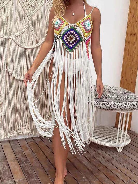 Sizes to 3XL Handmade Hooked Floral Patchwork Long Tassel Beach Cover-up