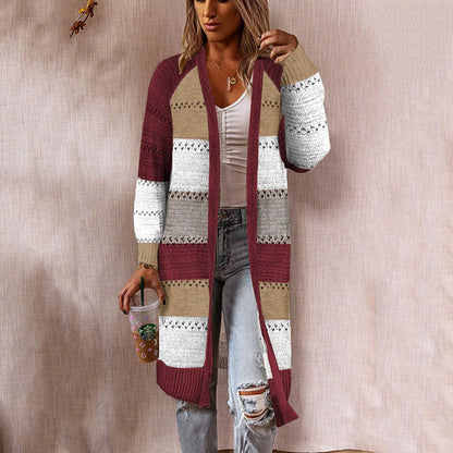 Multi-Color Mid-Length Knitted Cardigan Sizes to 3XL