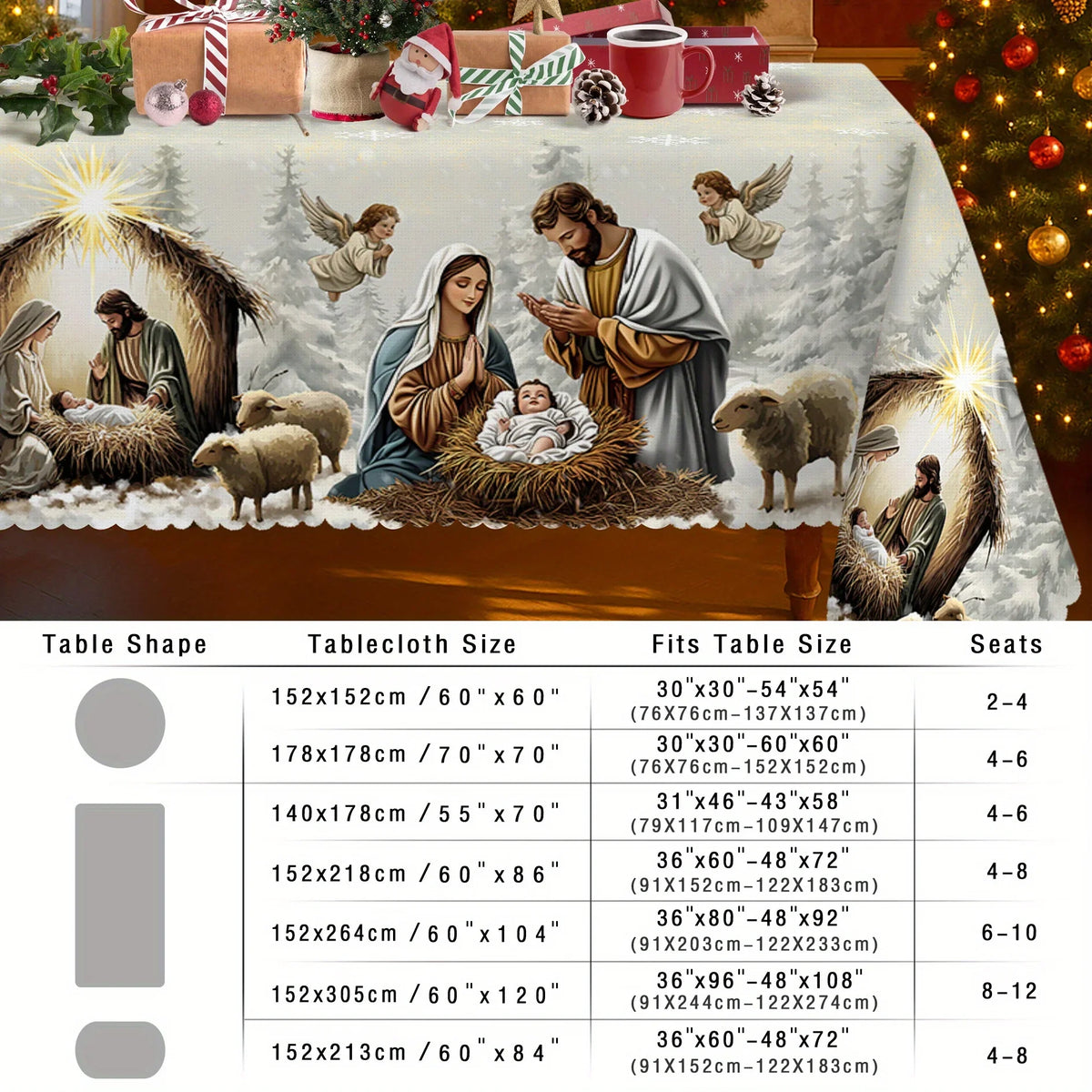 Christmas Nativity Tablecloth in 13 Designs (sizes and shapes listed at end)