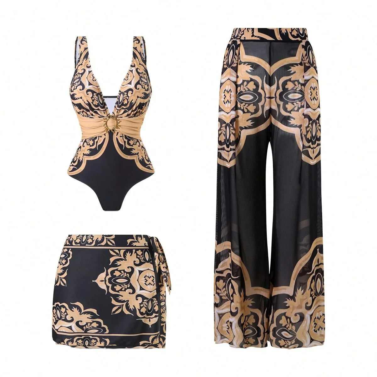 Sexy Three-Piece Swimsuit Set, High Elasticity Backless Swimwear. Skirt and Pants
