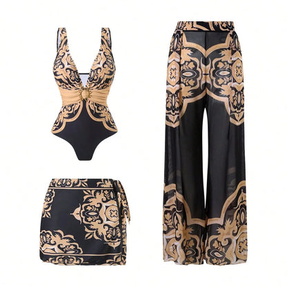 Sexy Three-Piece Swimsuit Set, High Elasticity Backless Swimwear. Skirt and Pants