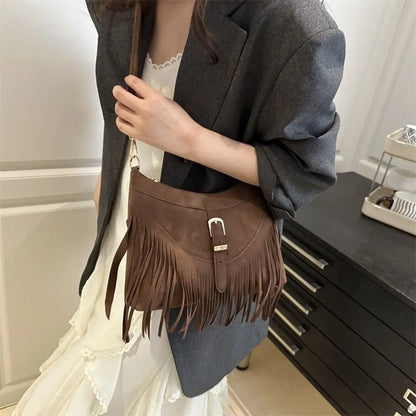 Bohemian Suede Leather Under-Arm Zipper, Tassels, Shoulder Bag, Solid Color PU Leather, Black, Grey, Coffee, and Light Brown