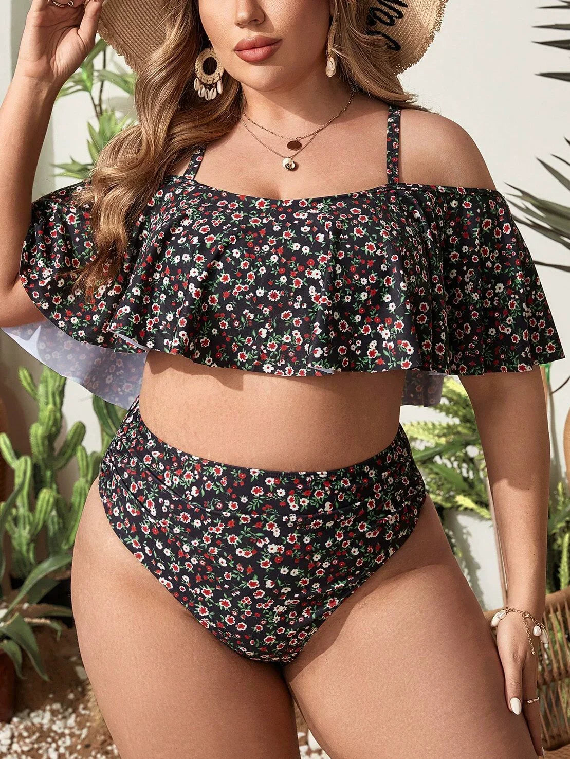 Sizes to 4XL, Two Piece Sets, Adjustable Spaghetti Straps, Ruffled Top Cover