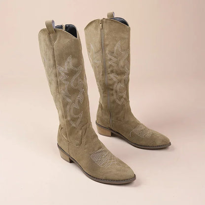 Embroidered Western Cowgirl Knee Boots with Pointed Toes and Thick Heels, High Knee Boots, PU Leather in Light and Medium Brown, Beige, and Pink