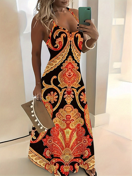 Boho Paisley Halter Neck Sleeveless Maxi Dress