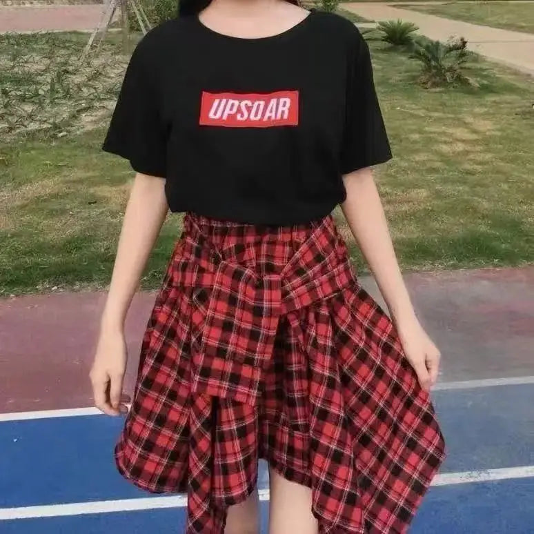 Sporty Street Style with Ruffle and Bow Tie Asymmetrical Hankie Hemline Elastic Waist, Plaid Patterned Skirt--Sizes 58 Centimeter Waist