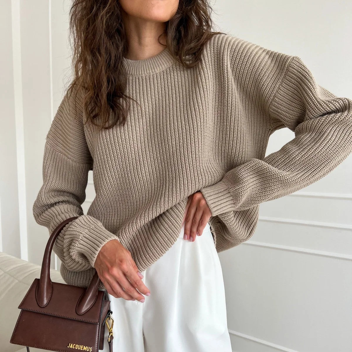 Chunky Knit Oversized Crew-Neck Pullover Sweater, 16 Colors