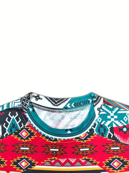Short-Sleeve Round Neck Short Dress or Long Top Retro Ethnic Style