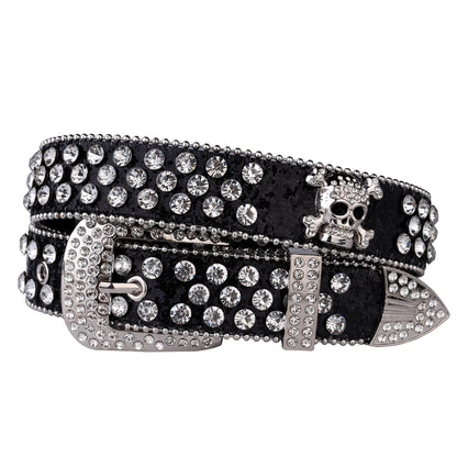 Rhinestone Skull Belt with Studded PU Leather Country or Punk Belt. Also in Silver and Pink PU Leather