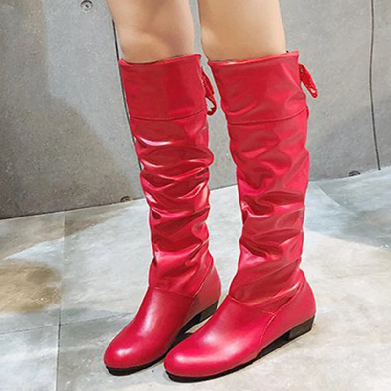 Knee High Boots, in Red, Black, and White, Tall Boots with Low Heel
