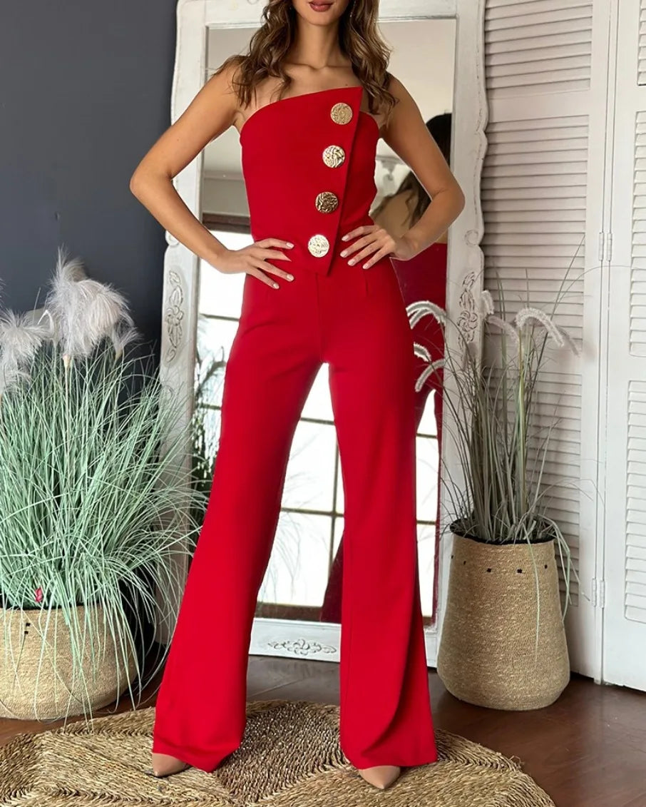 Asymmetrical Bandeau Strapless Jumpsuit Metal Buttons long pants, strapless