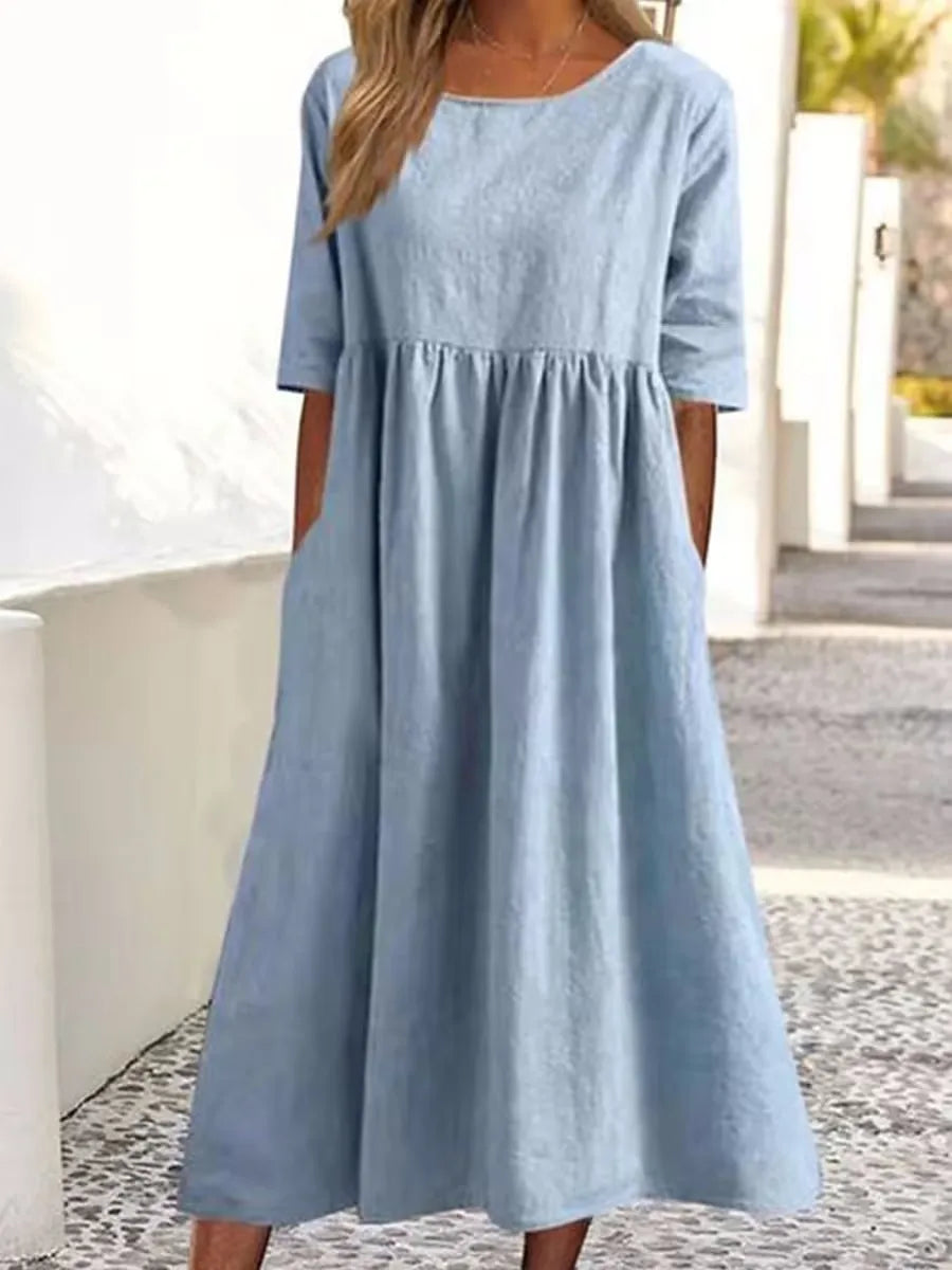 Cotton and Linen Casual Short Sleeves, Pockets, Loose Round Neck