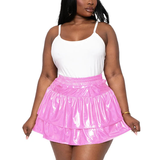 Sizes to 8XL!! Hologram Laser Tiered Pleated Mini Skirts, High Elastic Waist, A-line
