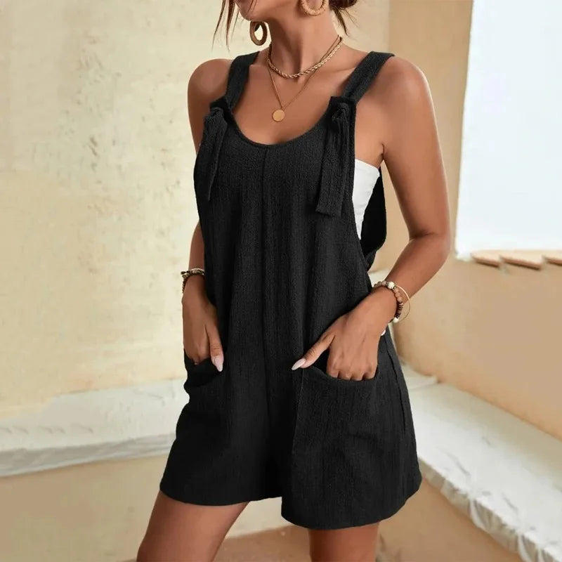 Sizes to 3XL, Short Jumpsuit, Loose Overall style, Solid Sleeveless Lace up Straps, Wide Leg Shorts with Pockets