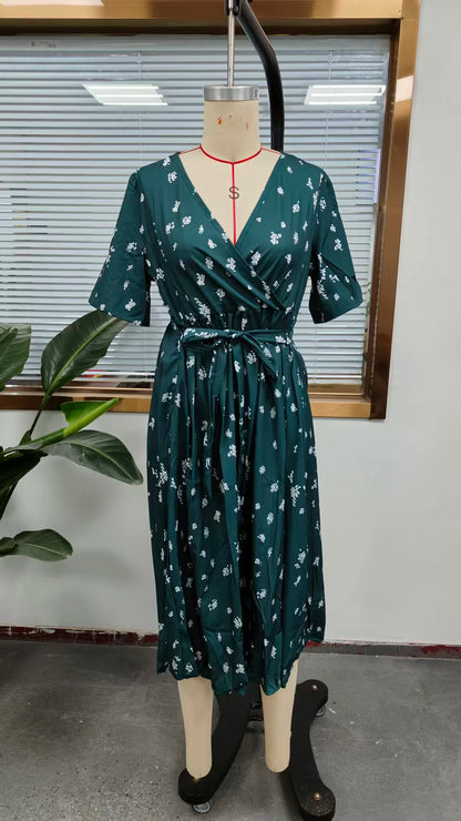Sizes to 3XL, Loose, Casual, V-neck, Crisscross Top, Tie Waist, Bell Sleeves, Floral Printed Dress