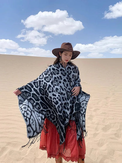 Vintage Boho Leopard Print Soft Over-the-Head Cloaks With Tassels