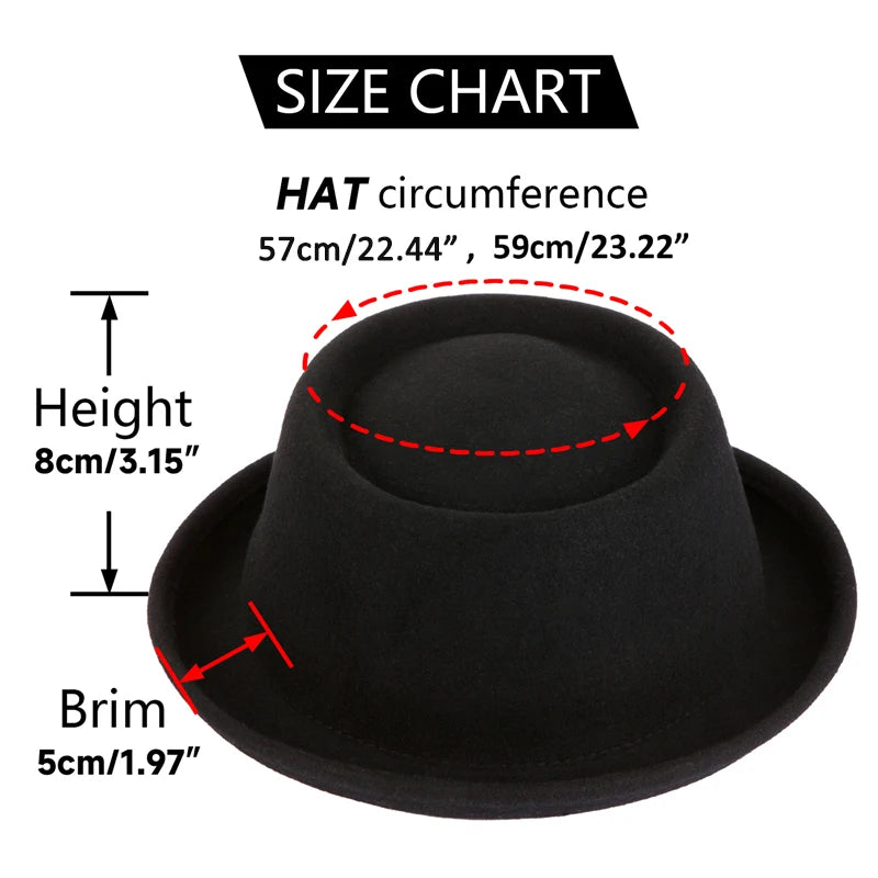 100% Wool Pork Pie Fedora Hat for Women and Men