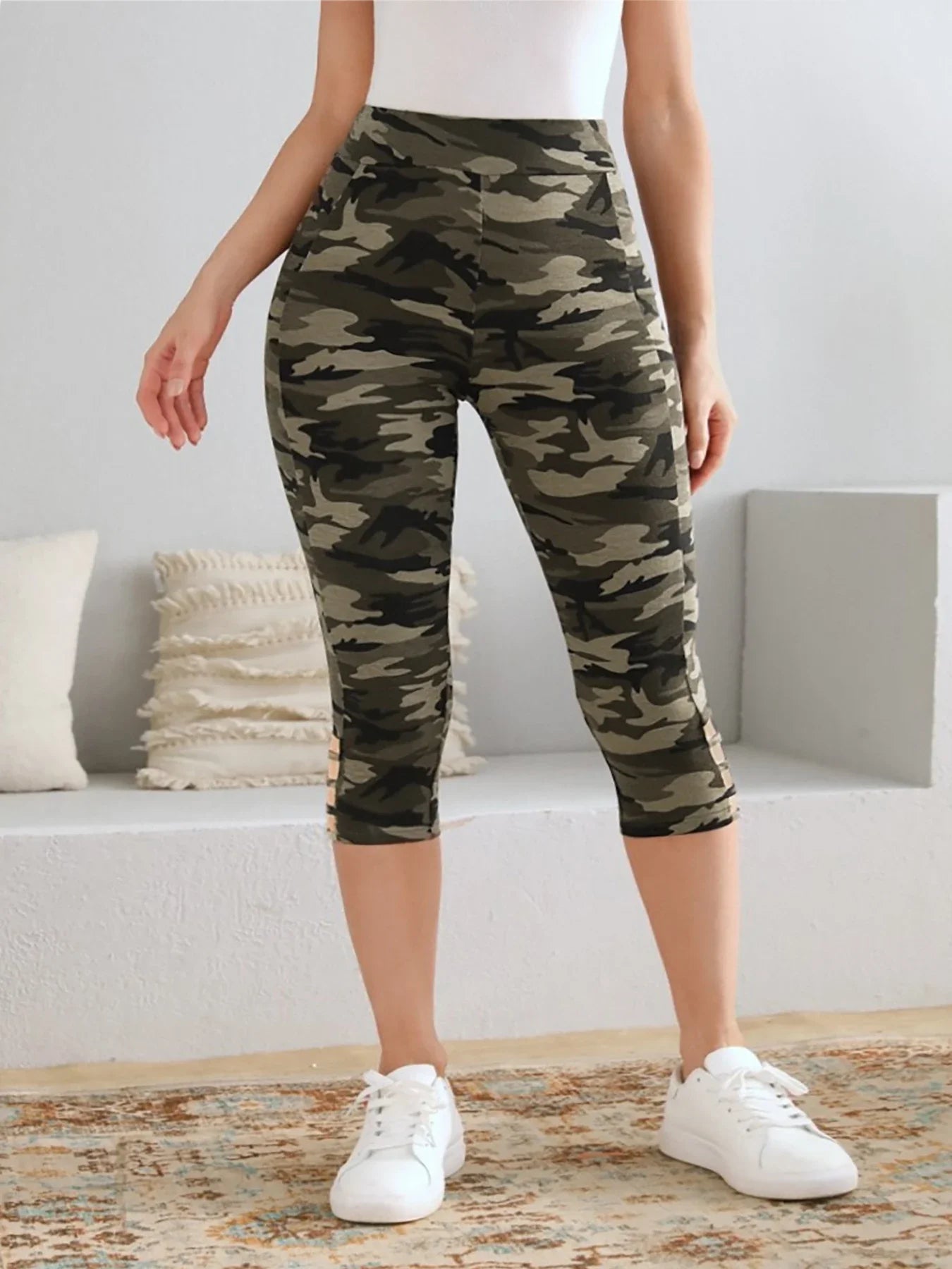 Plus Size to 4XL Women's Camo Capri Leggings with Side Stripe Cutouts High Elasticity Knit