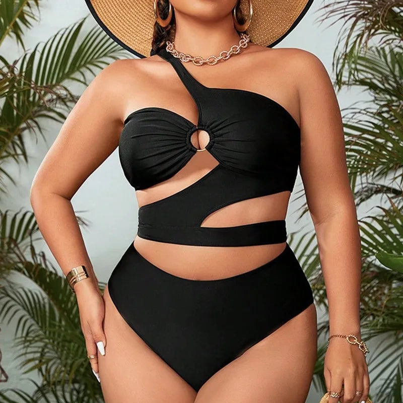 Sizes to 4XL One Shoulder Cut Out Black Swimsuit Curvy Female Bikini Sets