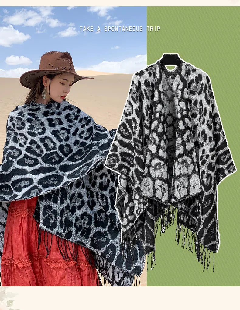 Vintage Boho Leopard Print Soft Over-the-Head Cloaks With Tassels