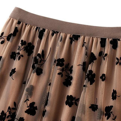 Floral Tulle High-Waisted Gathered Skirts, Elastic Waist, Polyester under Tulle