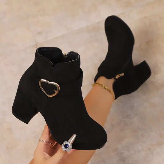 Short Round Toed Square Heeled Ankle Boots, With Side Zipper Chic, Warm, and Comfortable in Red and Black