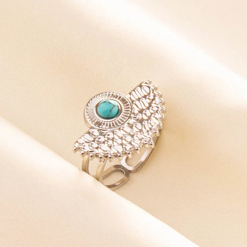 1pc Boho Turquoise Ring Stainless Steel Light Blue Gemstone Silver Adjustable Ring