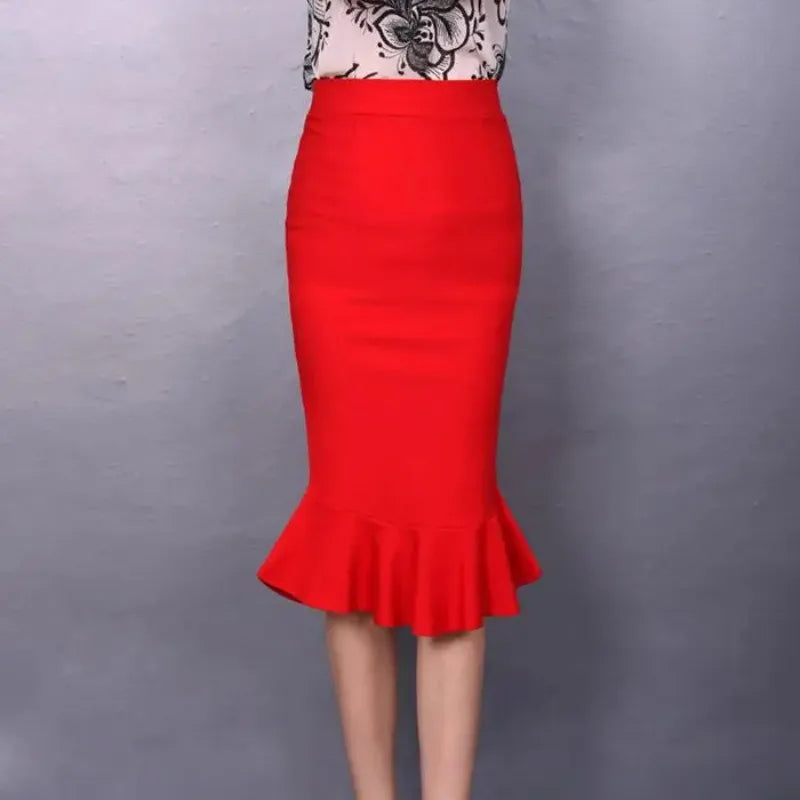 Sizes to 5XL High Waisted Stretchy One Step Pencil Skirt  with Ruffle Hem