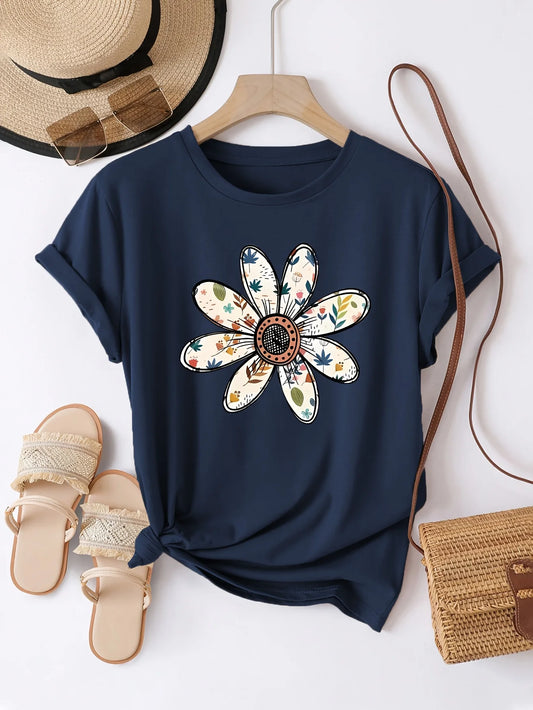 Boho Daisy Sizes to 3XL Women's Tee-shirt, Casual Navy Blue short sleeve Top