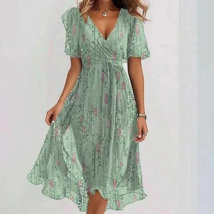 Sizes to 3XL, Loose, Casual, V-neck, Crisscross Top, Tie Waist, Bell Sleeves, Floral Printed Dress