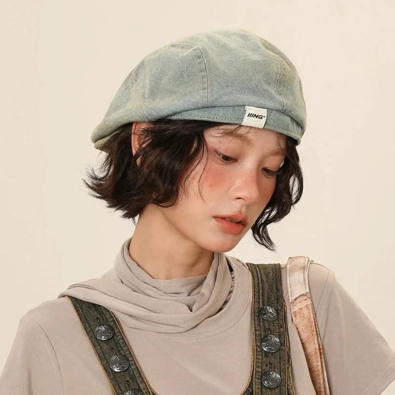 Quality Retro Pre-Washed Denim Beret Versatile Good Face-forward Hat
