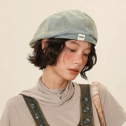Quality Retro Pre-Washed Denim Beret Versatile Good Face-forward Hat