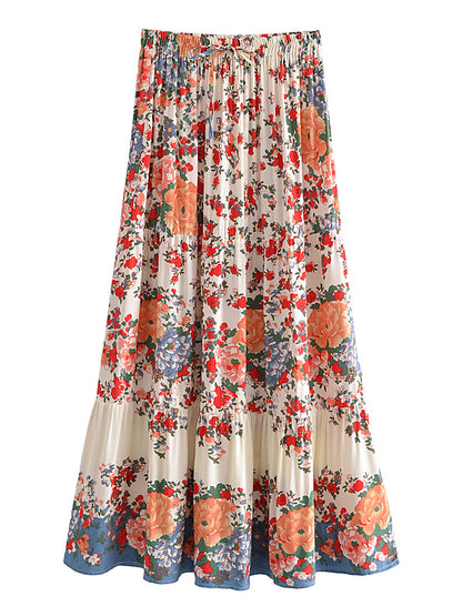 Vintage Chic Bohemian Floral Print  Hippie Skirt High Elastic Waist Maxi Skirt