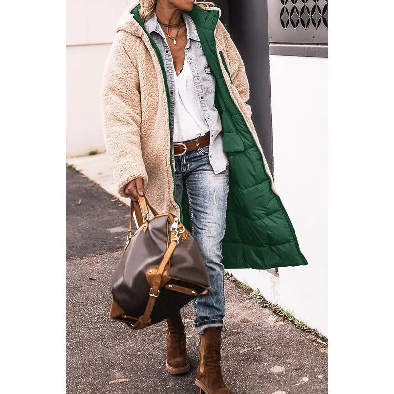 Reversible Sherpa Fleece, Long, Hooded Puffer Coats. Check colors: Brown, Green, Black, Burgundy, Light Gray