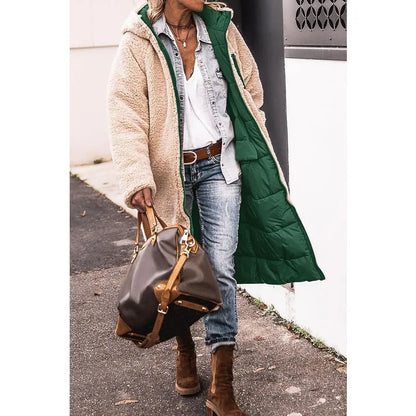 Reversible Sherpa Fleece, Long, Hooded Puffer Coats. Check colors: Brown, Green, Black, Burgundy, Light Gray