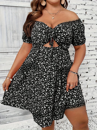 Sizes to 4XL  Floral Print Dress, Casual Off-the-Shoulder Short Strapless Dress with a Peek-A-Boo