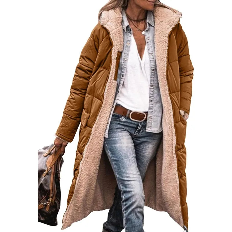 Reversible Sherpa Fleece, Long, Hooded Puffer Coats. Check colors: Brown, Green, Black, Burgundy, Light Gray