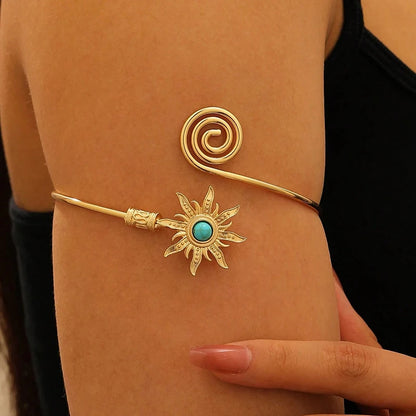Retro Sunflower Turquoise Cuff Bracelet  Twist Line Wide Open Arm Cuff