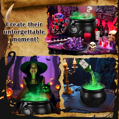 1 Set. Halloween Witch Cauldron with LED Light & Fog Mist Maker.  Skeleton in Cauldron for Spooky Hocus Pocus Decoration