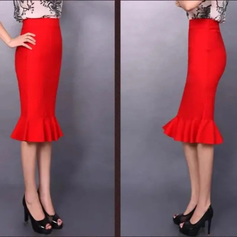 Sizes to 5XL High Waisted Stretchy One Step Pencil Skirt  with Ruffle Hem