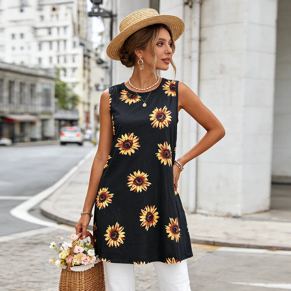 Boho Sunflower Print Loose Dress Fashion Casual Sleeveless Midi Dress
