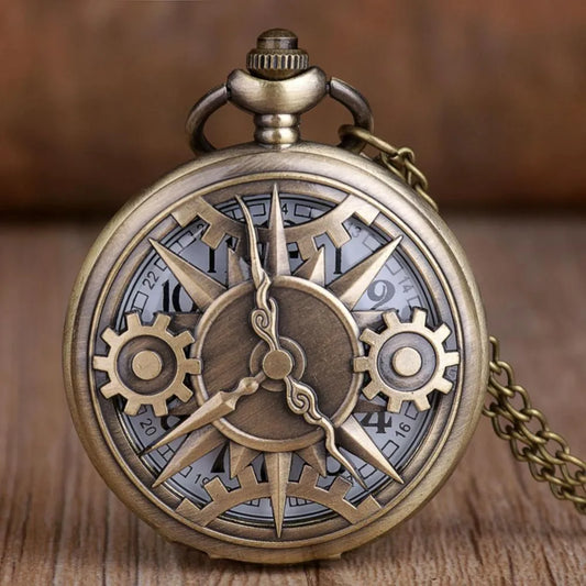 Exquisite Retro Bronze Steampunk Hollow Gear Design Quartz Pocket Watch with Necklace Chain