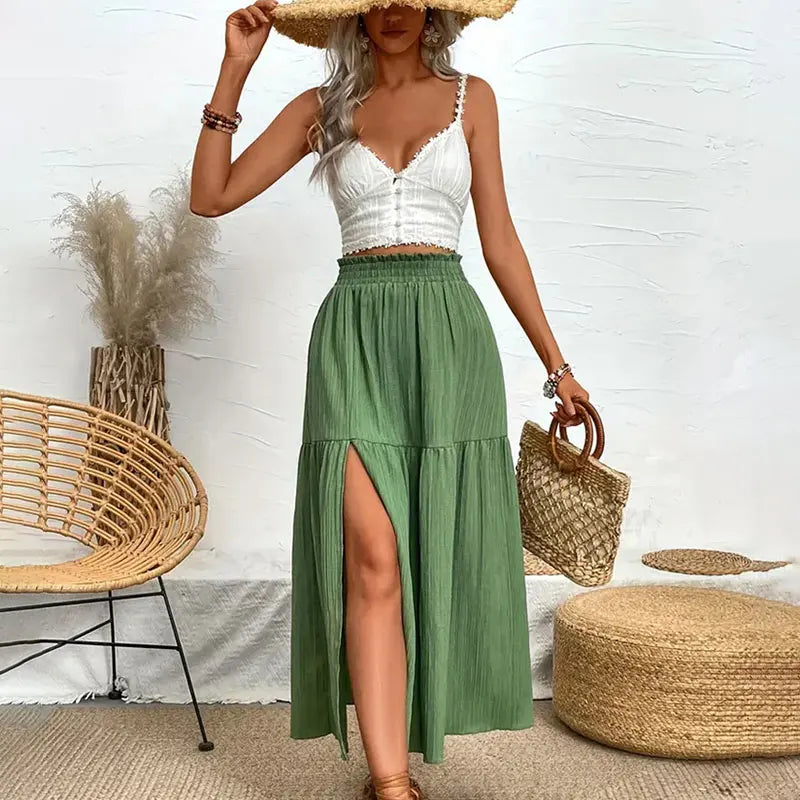 Bohemian Midi Skirt, High Waisted, Solid Colors, Casual with Side Slit, 3 Colors