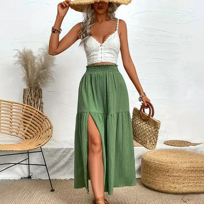 Bohemian Midi Skirt, High Waisted, Solid Colors, Casual with Side Slit, 3 Colors