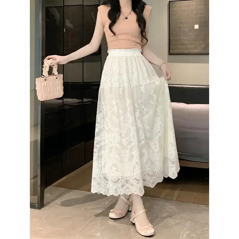 Plus Size to 4XL Lace Midi Skirt  Elastic Waist