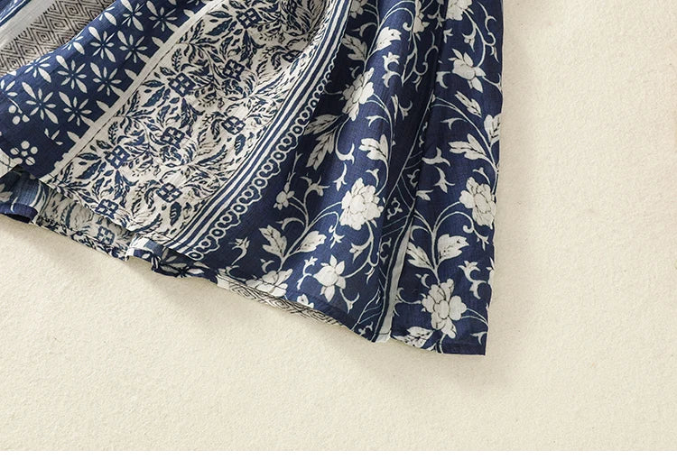 Retro Ethnic Print Flax A-Line Midi Skirt High Waist Drawstring Sizes to 2XL
