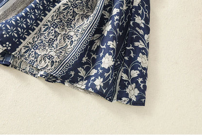 Retro Ethnic Print Flax A-Line Midi Skirt High Waist Drawstring Sizes to 2XL