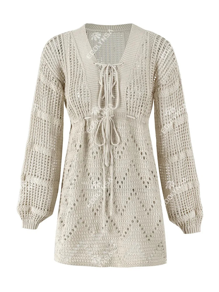 Plunging V-neck Lace-up Bell Sleeve Knit Mesh Hollow Out Beach Mini Dress Tunic
